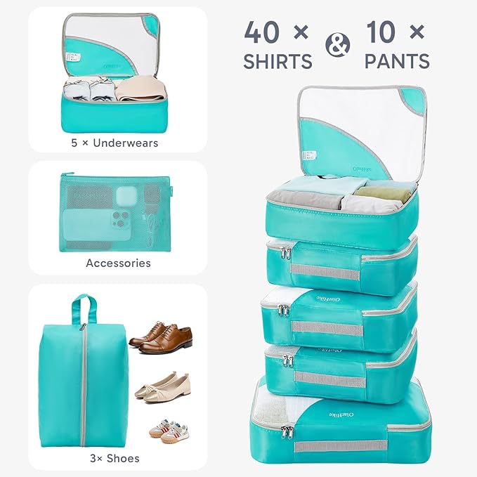 ALL INCLUDED 10 Set Durable Packing Cubes for Suitcases,OlarHike Essentials for Travel,UPGRADED Anti-Tear Stitching, NEW Improved Luggage Packing Organizers for Travel Accessories (Teal)