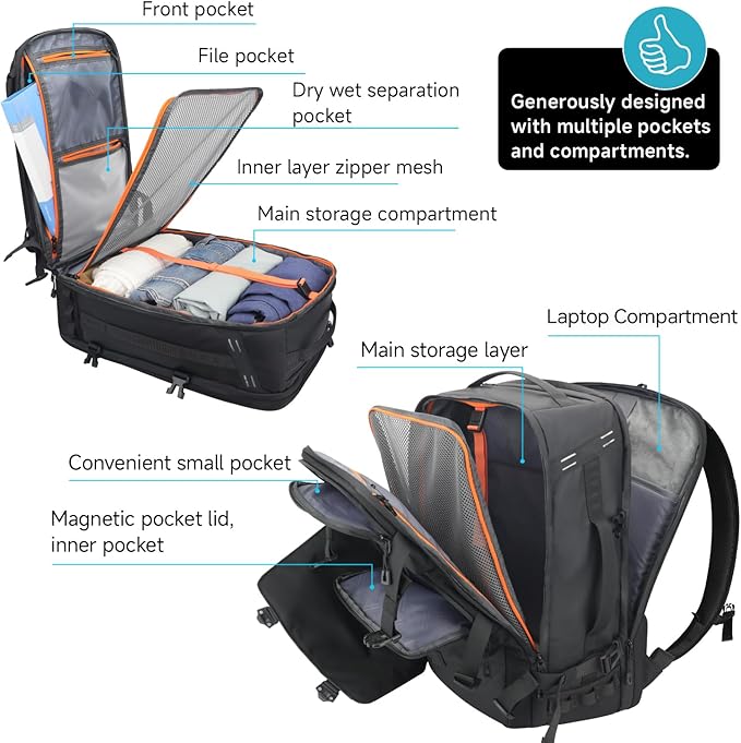 SWICKY Travel backpack 40L for men ，Extra Large Carry on Flight Approved Luggage Hand Water-resistant Lightweight Rucksack，Durable Large big Weekender Bag Daypack Fits 17.3 Inch Laptop，Black