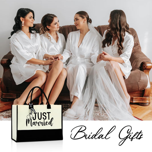 Bride Gifts Just Married Tote Bag, Wedding Bridal Shower Gift,Engagement Gifts for Couples Wife,Bachelorette Party,Honeymoon Essentials, Fiance Newly Engaged Gift Beach Bag Reusable Grocery Bags