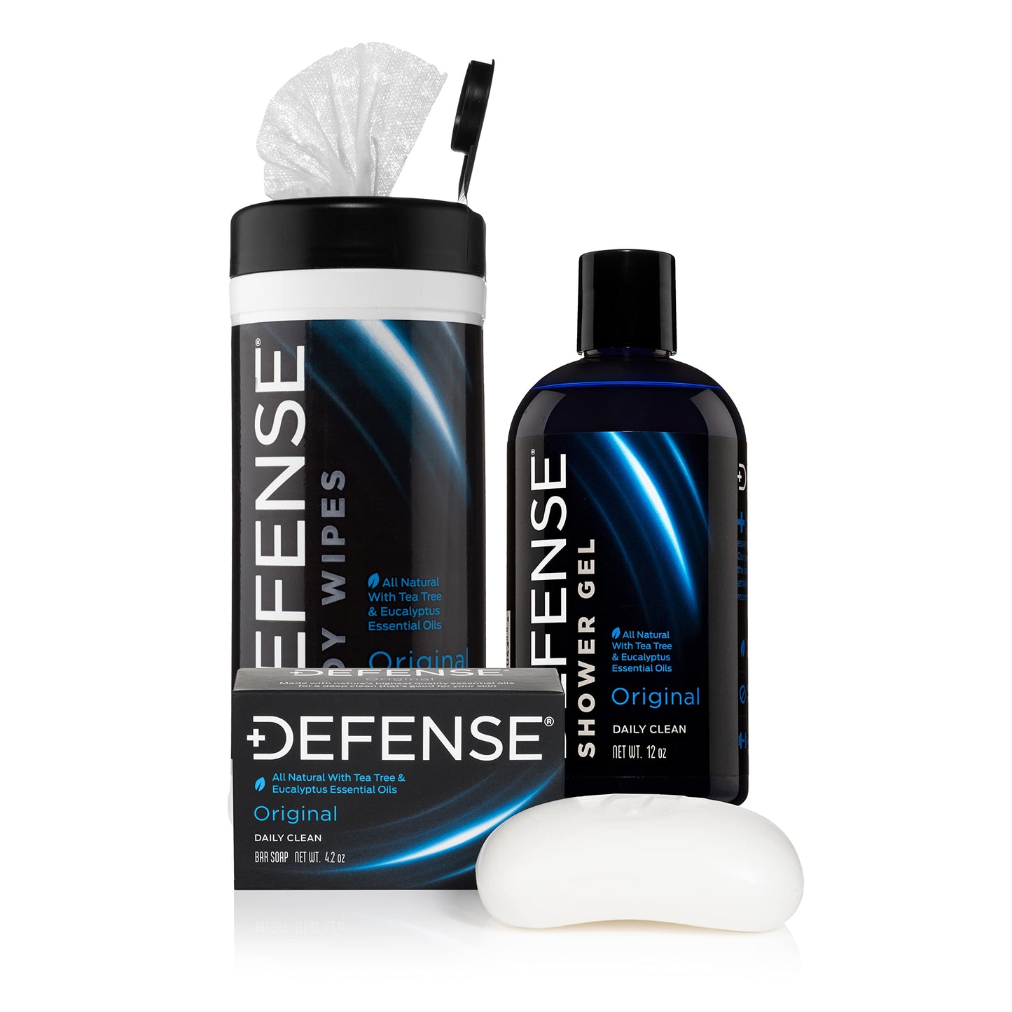 Defense Soap 4 Oz Bar, Body Wash 12 oz Tea Tree Body Wipes (40 Count) - with Tea Tree Oil, Eucalyptus Oil, Rosemary and Aloe Vera