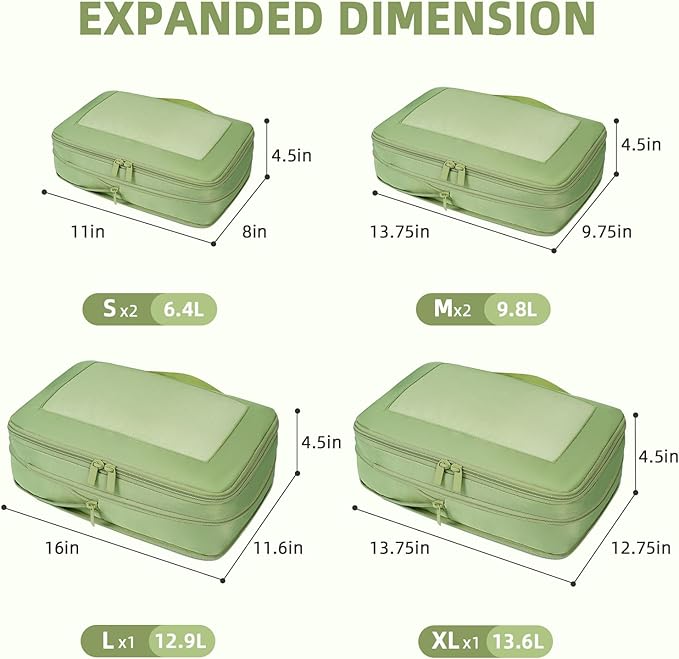 BAGAIL 4 Set/6 Set/8 Set Compression Packing Cubes Travel Accessories Expandable Packing Organizers (Square Mesh, 06-Matcha Green)