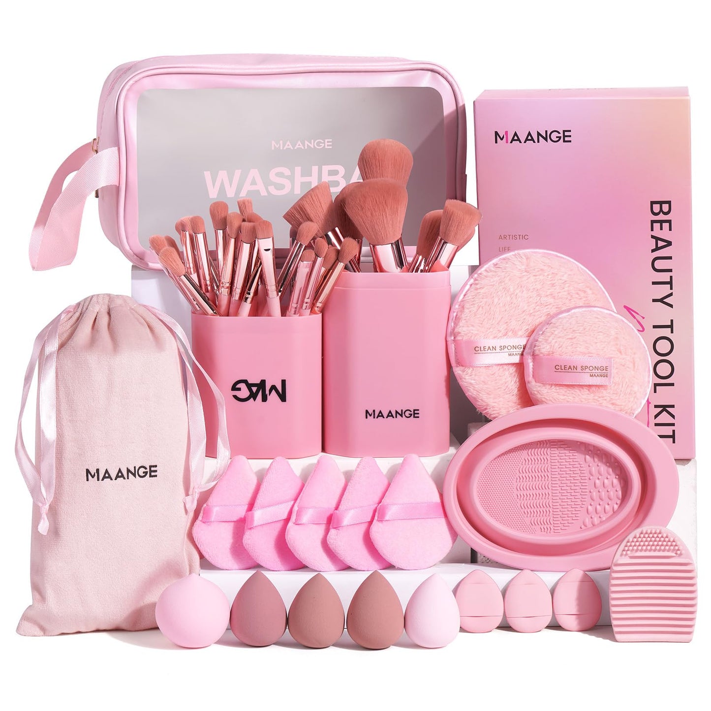 MAANGE Makeup Brush Set 51 PCS Professional Makeup Brushes for Foundation Powder Concealers Eye shadows Blending Blush Travel Make up Brush Kit (Pink)