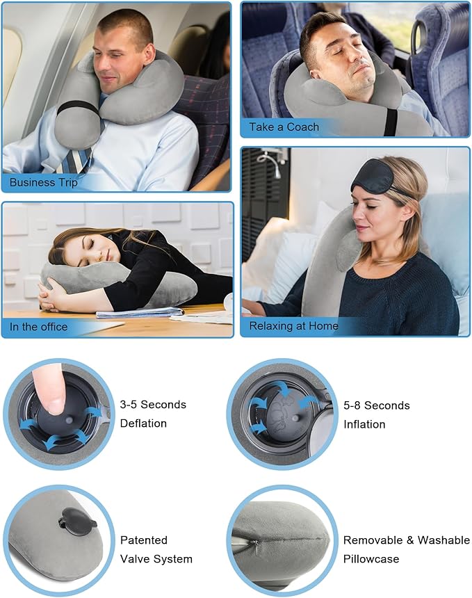 Travel Neck Pillow for Airplane, Travel Pillow Support Head and Neck, Comfortable & Washable Cover, Inflatable Neck Pillow for Traveling,Car,Office,Home (Grey)