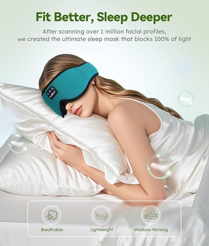 MUSICOZY Sleep Headphones Breathable Bluetooth Headband 3D Sleeping Headphones, Wireless Music Eye Mask Sleep Earbuds for Side Sleeper Women,Men Office Air Travel Cool Tech Gadgets Unique Gifts Green