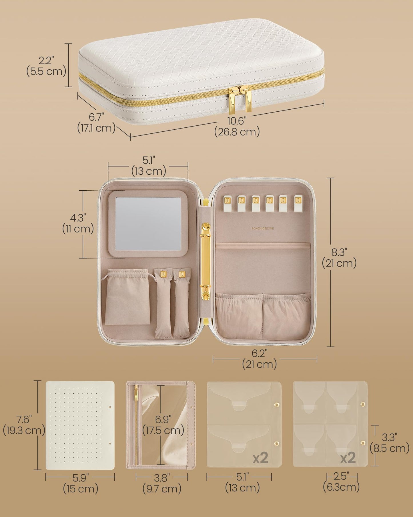 SONGMICS HOME Travel Jewelry Case, Jewelry Organizer Box with Mirror, Jewelry Pouch, Woven Embossed PU Leather, Hard Shell, Large Capacity, Gift Idea, Cloud White UJBC204W01