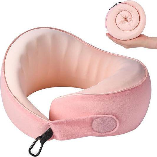Travel Pillow, 100% Pure Memory Foam Travel Neck Pillow Airplane Neck Support Ergonomic Design for Traveling Suitable for Airplanes,Offices and Cars-Cooling Silk Light Pink
