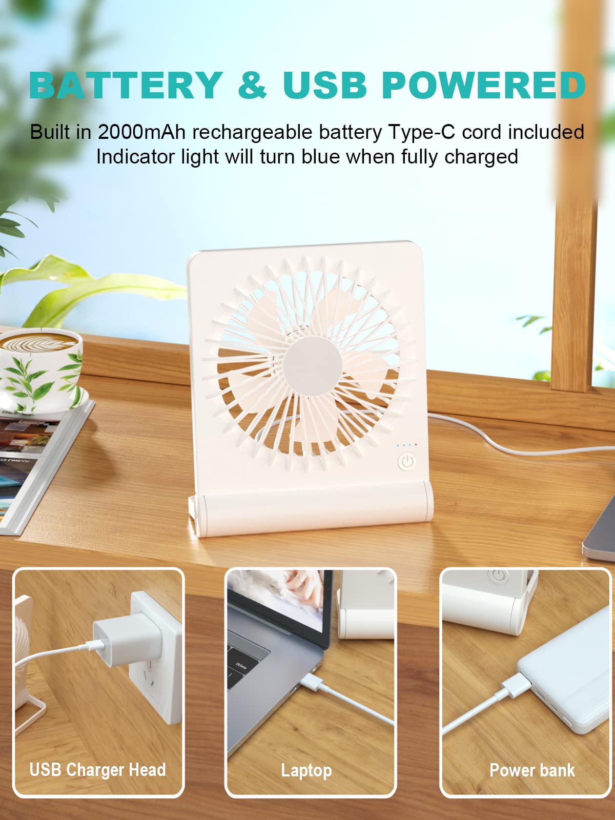 Small Desk Fan,Rechargeable USB Fan Battery Operated,Ultra Quiet, Strong Wind, 3 Speeds Travel Fans