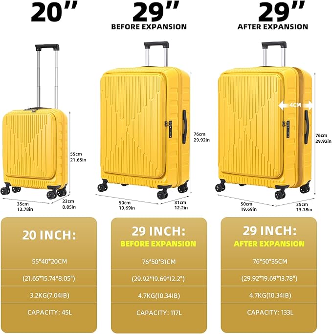 2 Pieces 20/29 Luggage Sets, 20 Inch Cabin Luggage with Front Pocket & 29 Inch Side Opening Suitcase, Ligthweight ABS+PC Hardshell, TSA Lock with HINOMOTO 360° Wheels, Yellow
