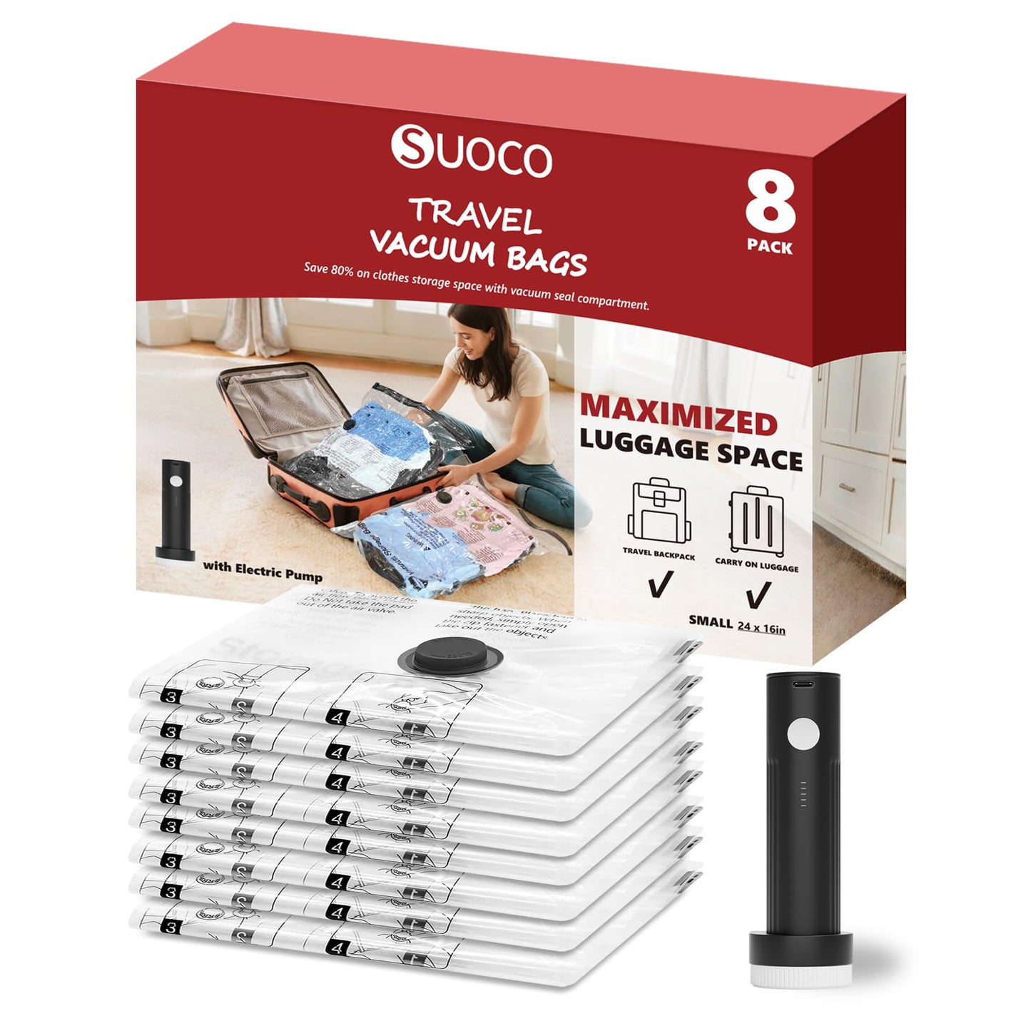 SUOCO Vacuum Bags for Travel with Portable Electric Pump, 8 Pack Carry on Size Compression Packing Seal Bags for Luggage and Suitcase, Space Saver for Clothing Travel