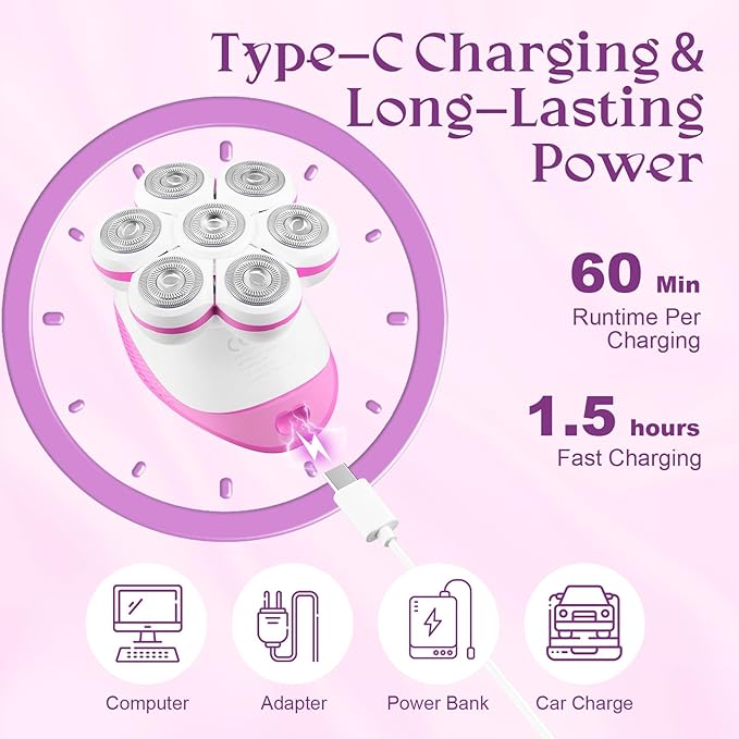 7D Electric Razor for Women: Full-Body Shaver for Legs & Face – Waterproof Wet/Dry Use with LED Light & Travel Cover – Smooth Close Bikini Shaver (Pink)