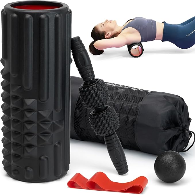 5 in 1 Foam Roller Set, High Density Fitness Exercise Foam Roller for Deep Tissue Muscle Massage, Massage Roller, Massage Ball, Resistance Band, for Whole Body(Black)