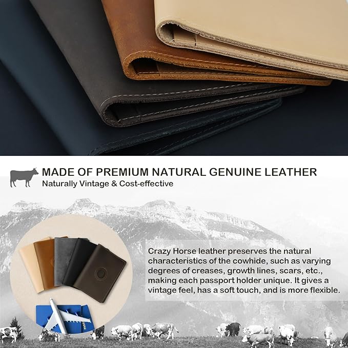 Airtag Passport Holder for Men and Women Travel, Real Leather Passport Wallet, Handmade Passport Cover Case with Airtag Slot, Travel Must Haves Essentials Accessories Birthday Gifts(Crazy Horse,Beige)