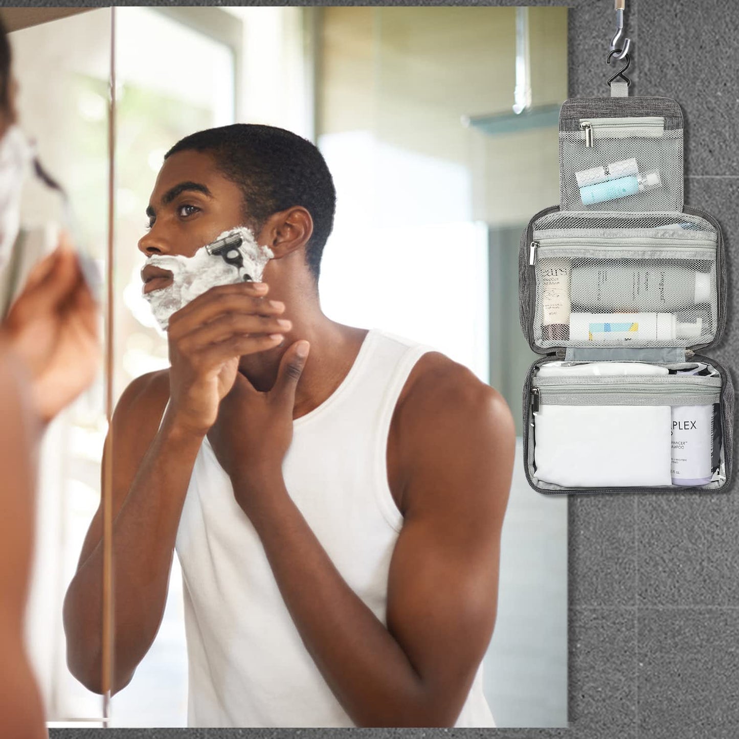 Etercycle Toiletry Bag for Women Men, Waterproof Hanging Toiletry Bags for Traveling, Portable Foldable Travel Wash bag with Hanging Hook, Shaving Bag for Bathroom Shower- Gray