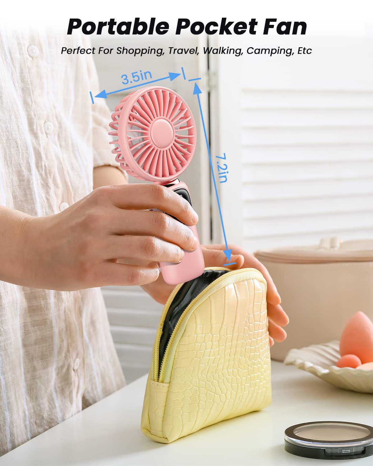 coldSky Portable Handheld Fan, 4000mAh Battery Operated with LED Display, Handheld/Neck/Desk 3 in 1 Personal Small Fan, 90° Foldable Desk Fan with Base, 5 Speed Lash Makeup Fan for Women