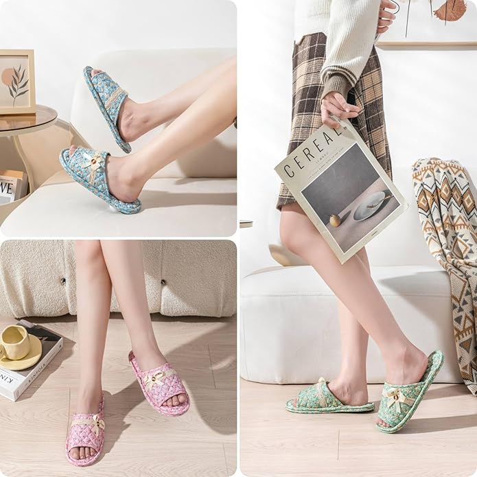 3 Pairs Floral Cotton House Slippers for Women, Open Toe Indoor Slippers Comfortable Washable Portable Foldable Guest Travel Hotel Airplane Spa Slippers