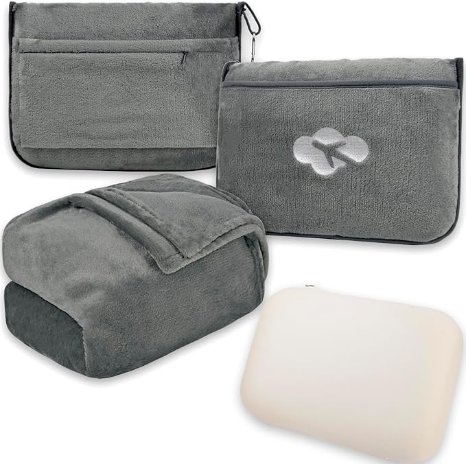 Blanket Pillow for Airplane Travel Essentials - 3 In 1 Travel Blanket and Pillow Set for Women Gifts, Plane Compact with Bag for Long Flight, International Traveler Must Haves Flying Accessories(Gray)