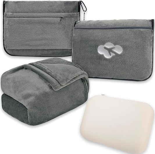 Blanket Pillow for Airplane Travel Essentials - 3 In 1 Travel Blanket and Pillow Set for Women Gifts, Plane Compact with Bag for Long Flight, International Traveler Must Haves Flying Accessories(Gray)