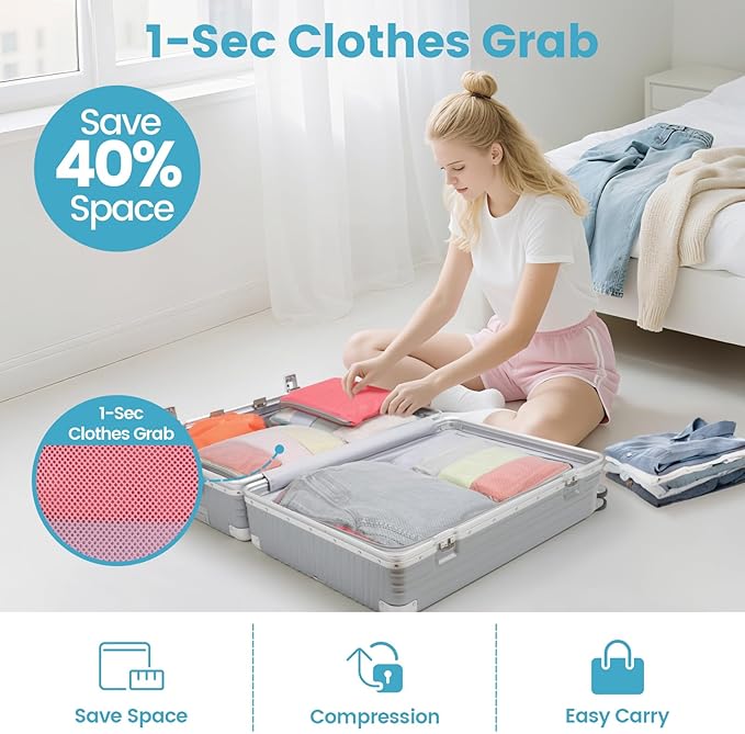 Cambond Compression Packing Cubes for Travel - 7 Set Multi-color See Through Mesh Compression Cubes for Travel Essentials with Large Laundry Bag, Luggage Packing Organizers Bags for Suitcases