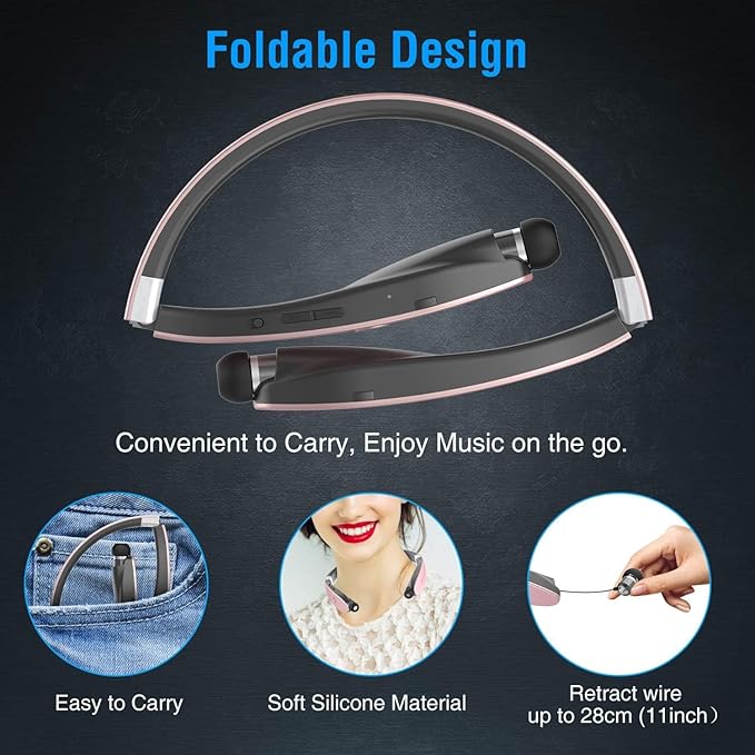 AMORNO Foldable Bluetooth Headphones Wireless Neckband Headset with Retractable Earbuds, Sports Sweatproof Noise Cancelling Stereo Earphones with Mic …