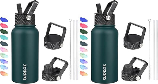 BJPKPK Insulated Water Bottles with Straw Lid, 27oz Stainless Steel Water Bottle with 3 Lids, Leak Proof BPA Free Metal Thermos Mug, Sports Water Bottle Keep Cold & Hot- Army Green (Pack of 2)