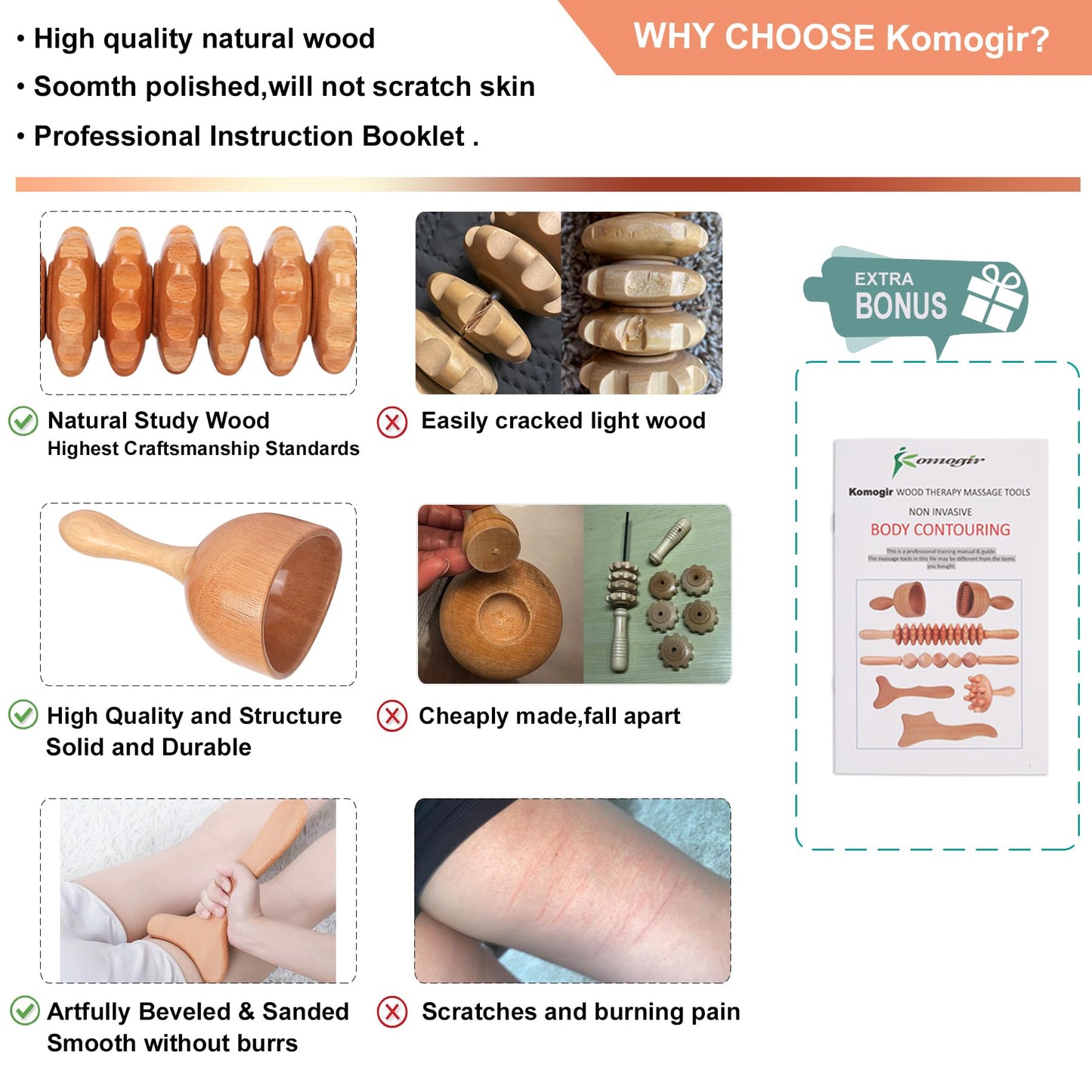 Komogir 3-in-1 Wood Therapy Massage Tools Lymphatic Drainage Massager Wooden Massager for Maderoterapia,Anti-Cellulite, Body Sculpting & Contouring