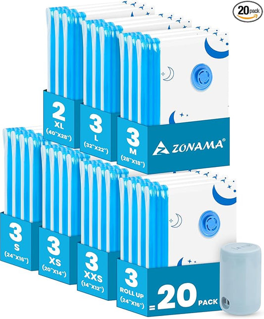 Vacuum Storage Bags with Electric Pump, 20 Pack Vacuum Sealed Bag with 1500mAh Rechargeable Battery for Clothes, Blanket, Duvets, Pillows, Comforters, Travel