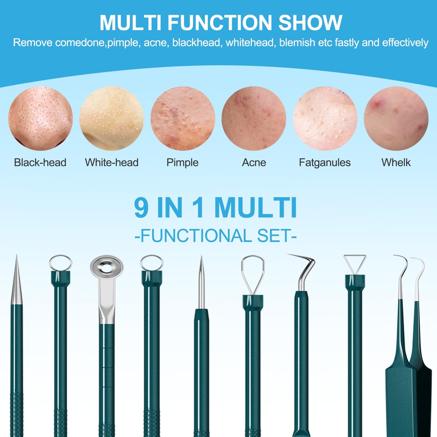 Blackhead Remover Tools Pimple Popper Tool Kit Comedones Extractor Acne Removal Kit for Whitehead, Blemish, Popping. 5pcs Pimple Extractor with Blackhead Tweezers for Nose Face