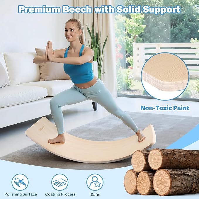Adult Balance Board, 35 Inch Natural Wooden Wobble Balancing Board, Rocker Board with Non Slip Felt Yoga Curvy Board for Women and Men