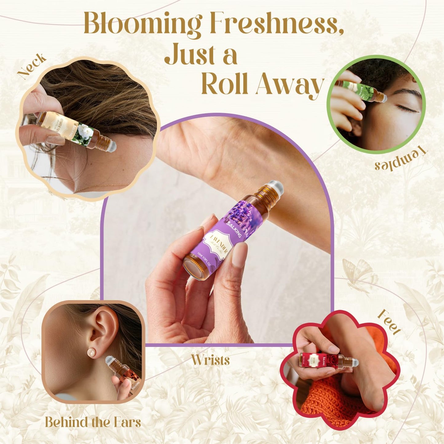 SALKING Essential Oils Roll On Set (6 Pack), Aromatherapy Oil with Roller Ball for Skin Use, Natural Fragrance Gift for Women and Men - Sandalwood, Eucalyptus, Peppermint, Lavender, Rose, Gardenia