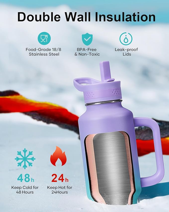 BUZIO Insulated Water Bottle Cup Holder Friendly, 40 oz Metal Travel Tumbler with Handle, Dishwasher Safe Thermo with Straw, Keep Cold for 48hrs, Dark Purple Green