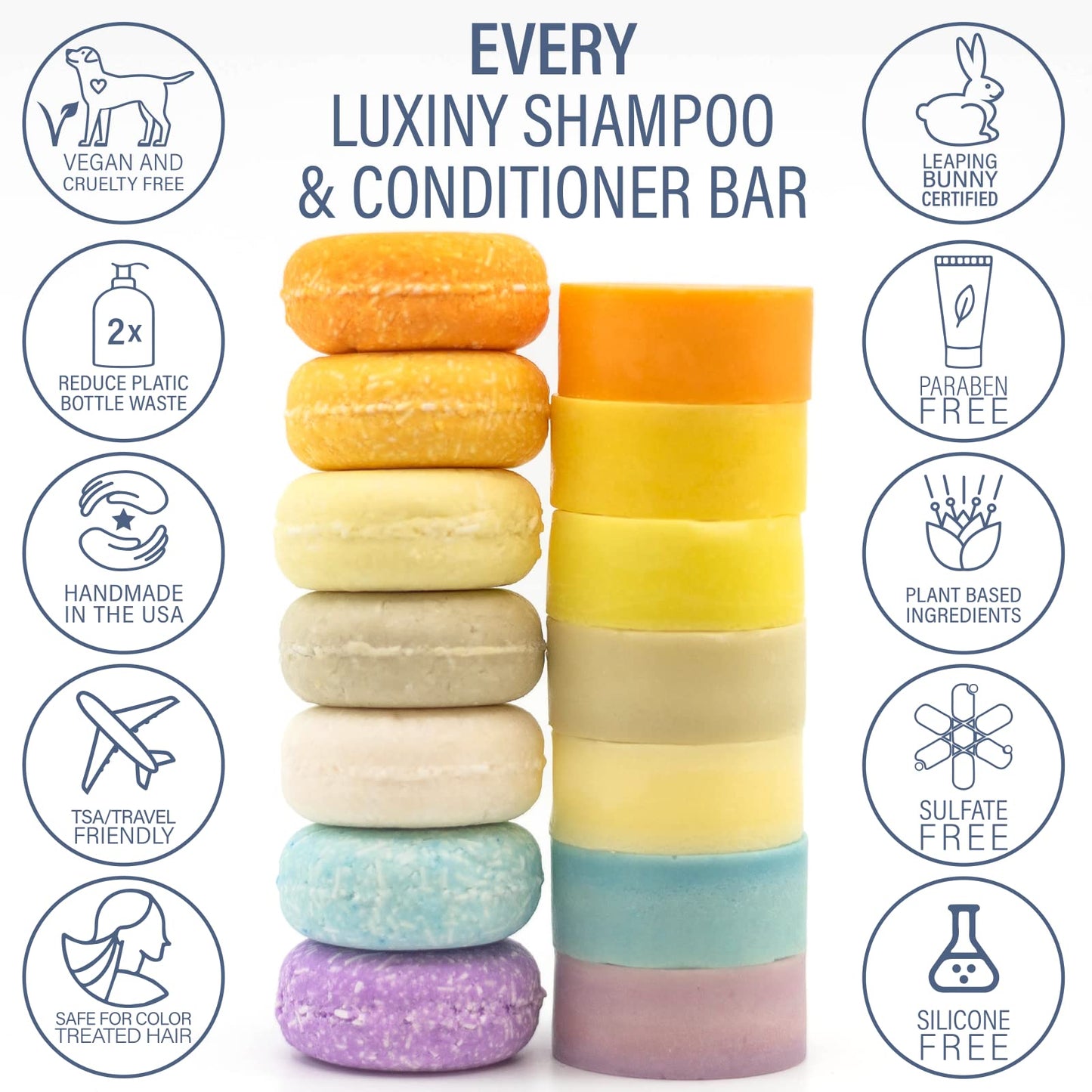 Luxiny Citrus Splash Shampoo Bars for all Hair Types is Vegan, Sulfate Free and Made in the USA. This beach shampoo bar has a swim detangler and is great as a travel shampoo. Get up to 60 washes.