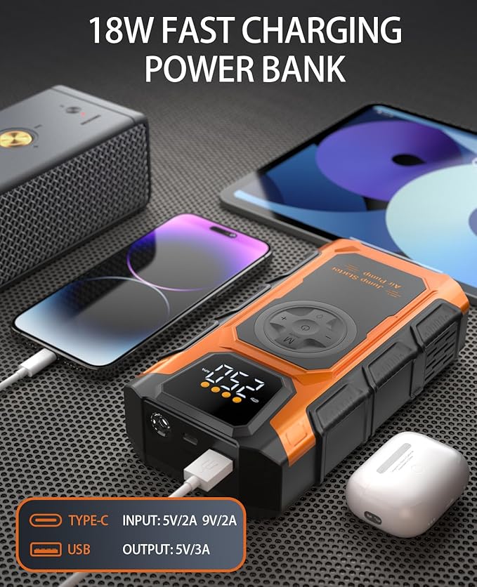 Jump Starter with Air Compressor, 5000A Car Battery Charger Power Jump Box Start 12V Vehicles(Up to 8.5L Gas&7.0L Diesel Engines) Portable Car Booster Jumper Pack Combo150 PSI Tire Inflator