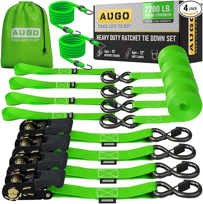 AUGO Heavy Duty Ratchet Straps & Soft Loops – Pack of 4 Extra Strong 1.5” by 10’ Ratchet Straps w/S-Hook Safety Latches & 4 Soft Loop Tie Downs – 4400Lb Break Strength for Motorcycles, ATVs, Etc.