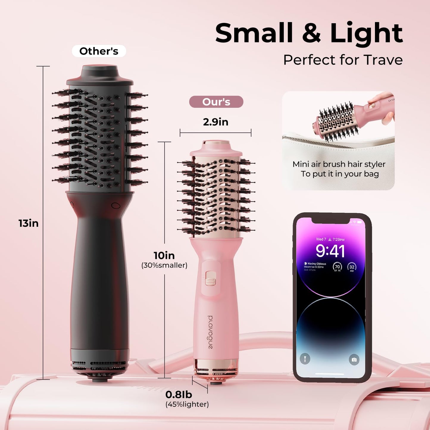 PLAVOGUE Mini Dual Voltage Hair Dryer Brush, 1000 Watts Travel Hot Air Brush with European Plug，Ionic One Step Blow Dryer and Styling Brush with Ceramic Coating for Women for Home & Salon