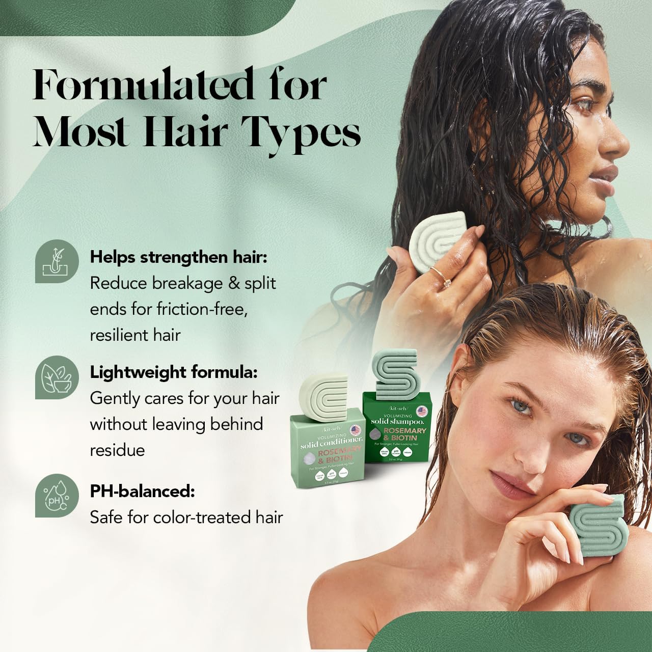 Kitsch Rosemary & Biotin Shampoo and Conditioner Set for Hair Growth - Strengthening, Thickening & Volumizing Shampoo and Conditioner Bar - Paraben, Sulfate & Silicone Free - Made in USA - 2 pack