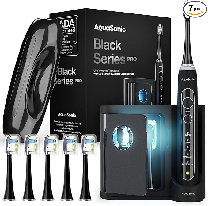 Aquasonic Black Series PRO UV – Ultra-Whitening Electric Toothbrush – 5 Modes & Smart Timers – UV Sanitizing Base, Premium Travel Case & 6 Proflex Brush Heads – ADA Accepted