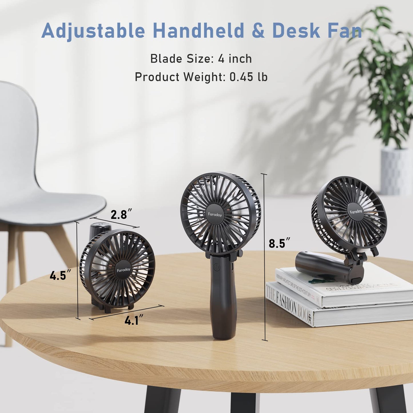 FARADAY Personal Hand Held Fan 4800mAh Travel Cooling Fan Powerful Small Portable Fans Rechargeable Battery Operated Desktop Table Fan for Traveling Hiking, 3 Speed, 6-21 Hours,Black