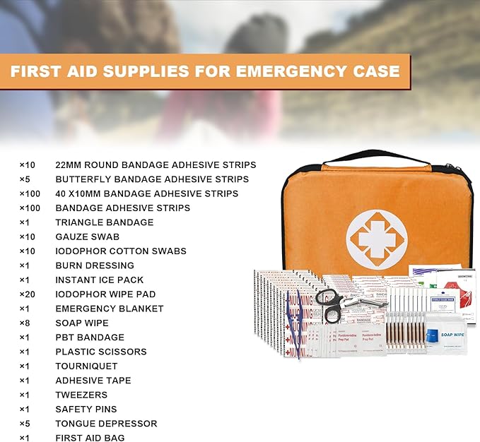300Piece Portable First Aid Kit Refill Supplies for Car Mini Caming Emergency First Aid Kits Hiking Survival Essential for Outdoor Adventure Emergency Case, Orange 1st Aid