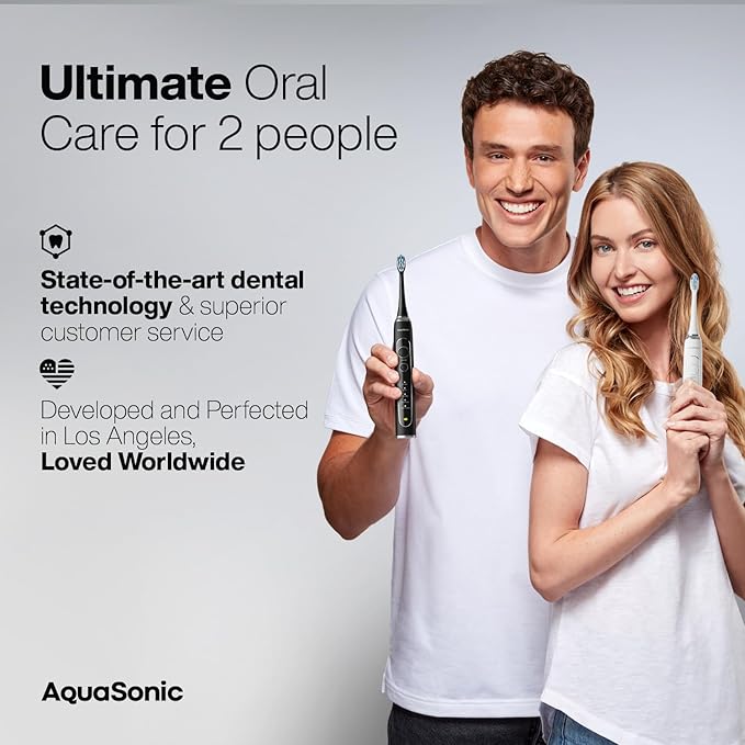 Aquasonic Duo Series PRO UV - ADA Accepted Electric Toothbrushes with UV Sanitizer - Inductive Charging Base - 5 Modes with Smart Timers - 10 Proflex Brush Heads & 2 Travel Cases