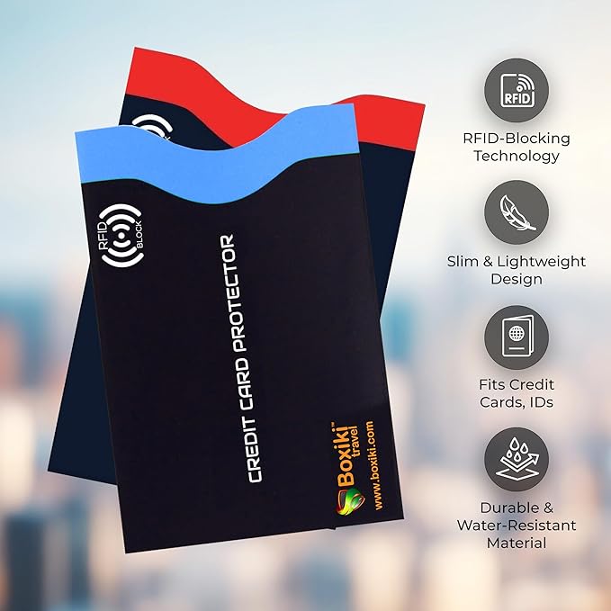 Boxiki Travel RFID Blocking Sleeves, Set with Color Coding | Identity Theft Prevention RFID Blocking Envelopes Set of 12 Credit Card Sleeves (Navy Blue)