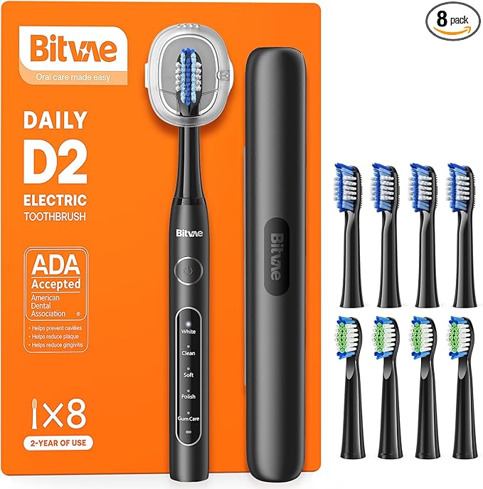Bitvae ADA Accepted Electric Toothbrush, Travel Toothbrush Rechargeable for Adults and Kids, 60-Day Battery, 5 Modes, 8 Heads, Portable Travel Case & Holder, Shadow Black