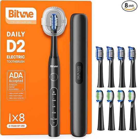 Bitvae ADA Accepted Electric Toothbrush, Travel Toothbrush Rechargeable for Adults and Kids, 60-Day Battery, 5 Modes, 8 Heads, Portable Travel Case & Holder, Shadow Black