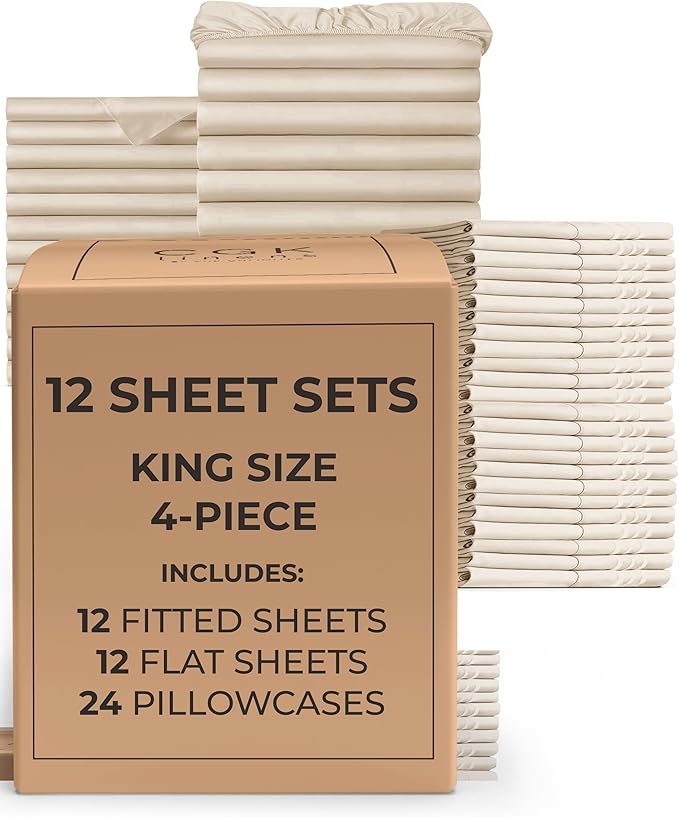 Bulk Case Pack of 12 Sheet Sets - (12) Complete Sheet Sets - Bulk King Bedding - Wholesale Case Pack for Hotels, Spa & Airbnbs - Deep Pocket, Fade & Wrinkle Free - Cooling & Breathable - King, Cream