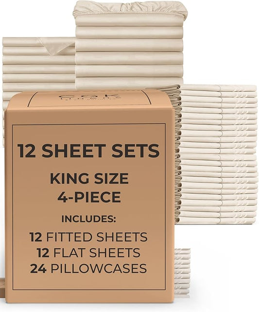Bulk Case Pack of 12 Sheet Sets - (12) Complete Sheet Sets - Bulk King Bedding - Wholesale Case Pack for Hotels, Spa & Airbnbs - Deep Pocket, Fade & Wrinkle Free - Cooling & Breathable - King, Cream