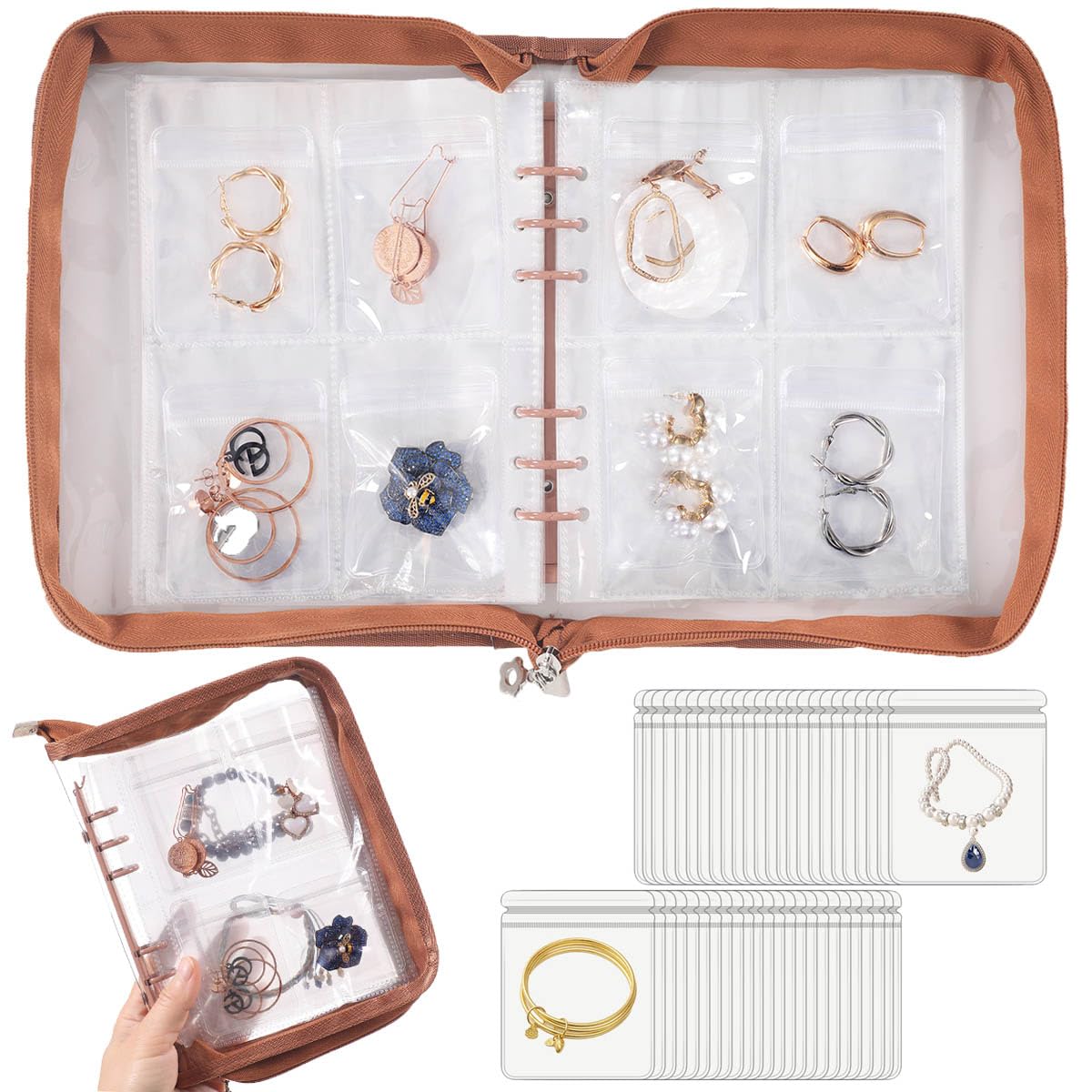 Jewelry Organizer Case Travel Jewelry Storage Bag Clear Jewelry Rolls (Light Brown,With 80 PCS Earring Pouches)