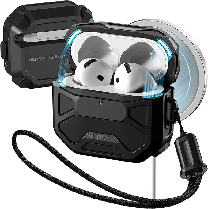 Compatible with AirPods 4 Case, Rugged TPU Double-Layer Cover, Powerful Shockproof Full Protection with Lanyard, Reinforced Magnetic Lid Lock for AirPods 4th Generation case(Black+Black)