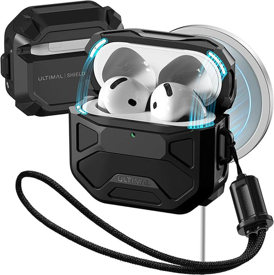 Compatible with AirPods 4 Case, Rugged TPU Double-Layer Cover, Powerful Shockproof Full Protection with Lanyard, Reinforced Magnetic Lid Lock for AirPods 4th Generation case(Black+Black)