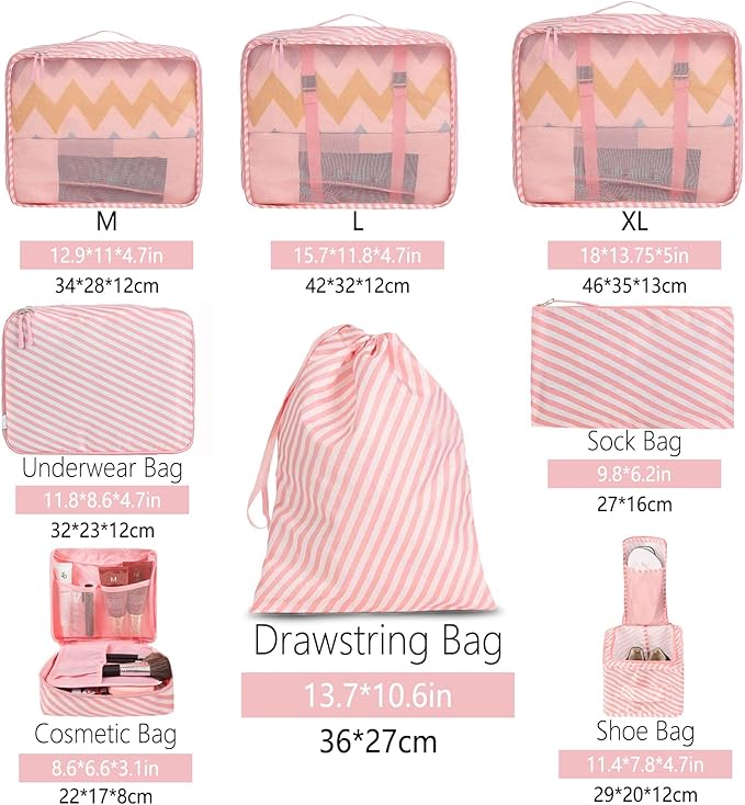 BAGAIL 8 Set Packing Cubes Luggage Packing Organizers for Travel Accessories-White and Pink Stripe