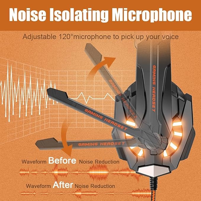 BENGOO G9000 Stereo Gaming Headset for PS4, PC, Xbox One Controller, Noise Cancelling Over Ear Headphones with Mic, LED Light, Bass Surround, Soft Memory Earmuffs (Orange)
