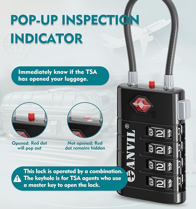 ANVIL 4 Digit Luggage Locks, TSA Locks for Luggage, Advanced TSA008 core, Alert Indicator for Your Travel Lock, Suitcase Lock. (3, Black)